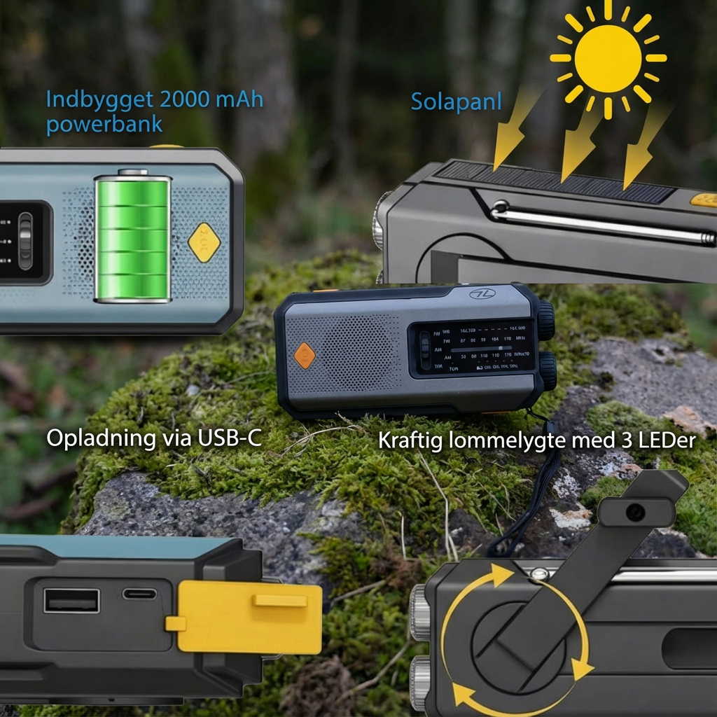 Krisradio & Powerbank – Solpanel, Håndsving, LED-Lommelygte, SOS-Alarm & USB