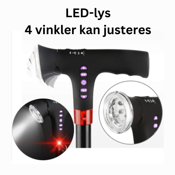 Foldbar stok med LED, alarm & polstret håndtag – Sikker & robust