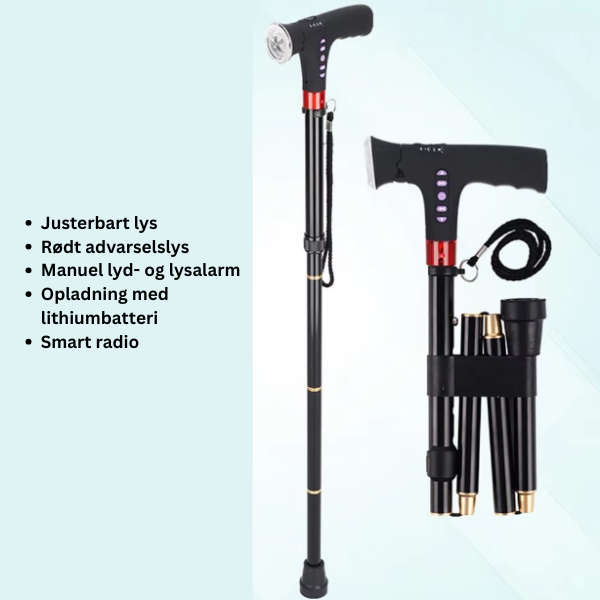 Foldbar stok med LED, alarm & polstret håndtag – Sikker & robust