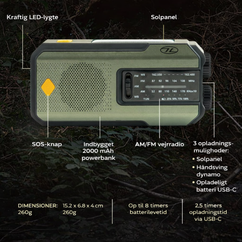 Krisradio & Powerbank – Solpanel, Håndsving, LED-Lommelygte, SOS-Alarm & USB
