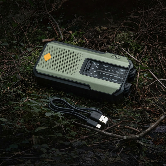 Krisradio & Powerbank – Solpanel, Håndsving, LED-Lommelygte, SOS-Alarm & USB