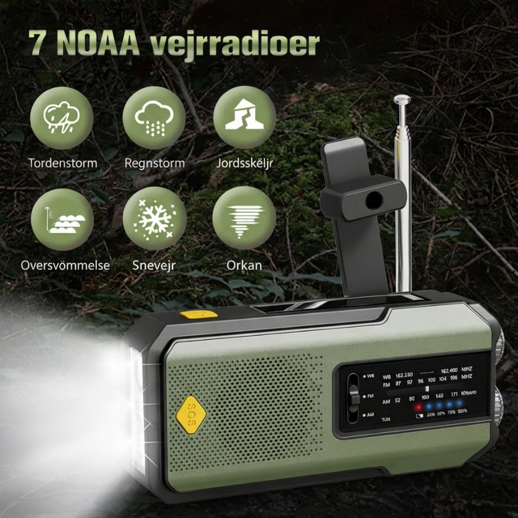 Krisradio & Powerbank – Solpanel, Håndsving, LED-Lommelygte, SOS-Alarm & USB