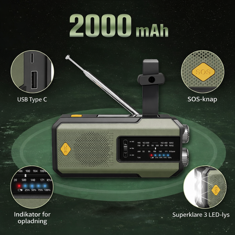 Krisradio & Powerbank – Solpanel, Håndsving, LED-Lommelygte, SOS-Alarm & USB
