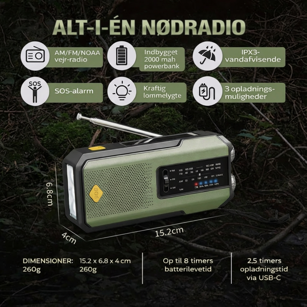 Krisradio & Powerbank – Solpanel, Håndsving, LED-Lommelygte, SOS-Alarm & USB